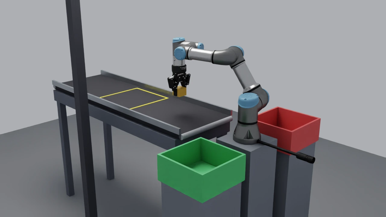 UR3e and Robotiq lifting a yellow block from a conveyor beside green GOOD and red REJECT bins.